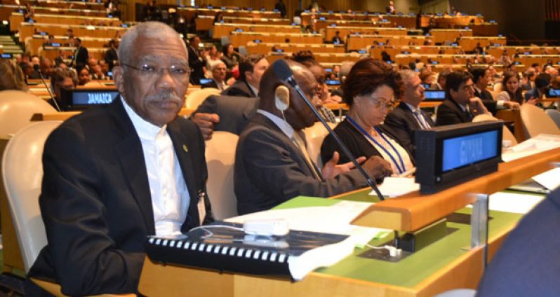 President David Granger, Foreign Affairs Minister Mr. Carl Greenidge, and Director General in the Ministry of Foreign Affairs, Ms. Audrey Waddell, at the United Nations Headquarters in New York (MoTP photo)