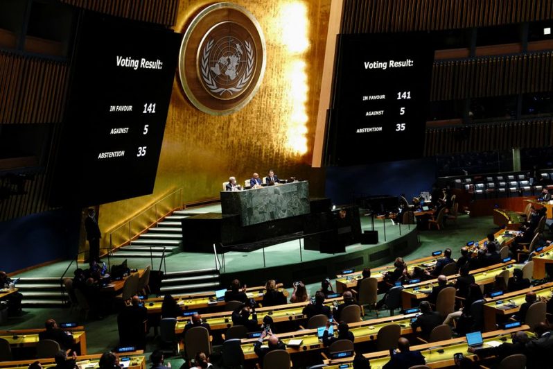 A general view shows the results of the voting during the 11th emergency special session of the 193-member U.N. General Assembly on Russia's invasion of Ukraine, at the United Nations Headquarters in Manhattan, New York City, U.S., March 2, 2022. REUTERS/Carlo Allegri