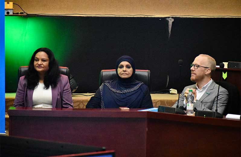 Minister of Human Services and Social Security Dr Vindhya Persaud, along with Chairperson of the Rights of the Child Commission, Aleema Nasir and representative of UNICEF Guyana and Suriname, Gabriel Vockel (Sachin Persaud photos)