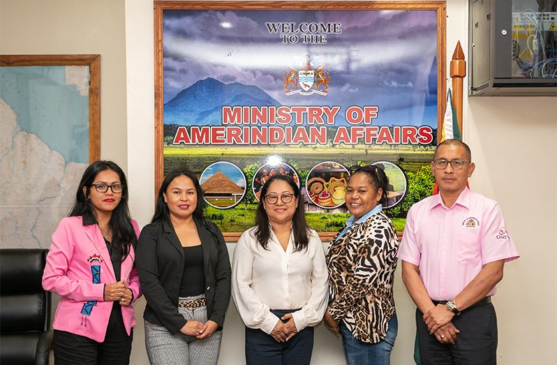 Minister of Amerindian Affairs, Pauline Sukhai (centre), MP Allister Charlie (first from right) and Legal Officer, Miriam Andrew-Ming (first from left) along with other members of the delegation who attended the UNPFII in April (Delano Williams photo)