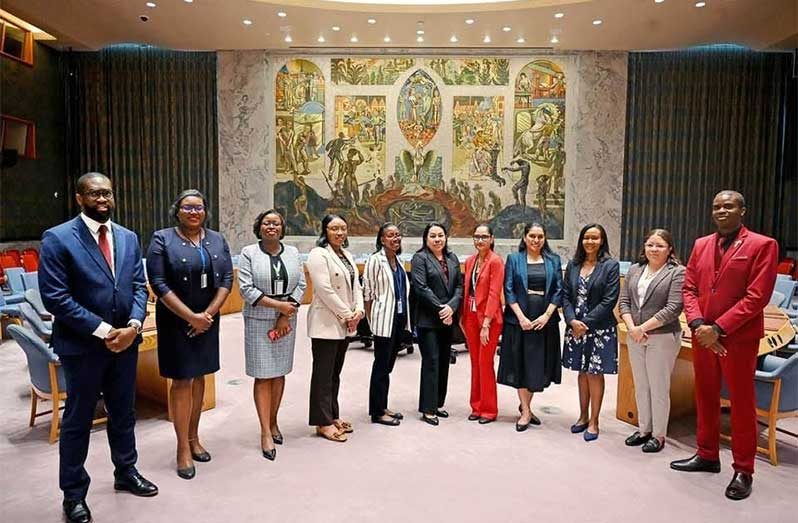 A part of Guyana’s team at the United Nations. From left to right: Royston Alkins, Abosede Hazlewood, Neishanta Benn, Marissa Carmichael, Tash Van Doimen, Sosheena Parmanand, Trishala Persaud,  Texine Daw, Stephanie Savory and Sven Douglas
