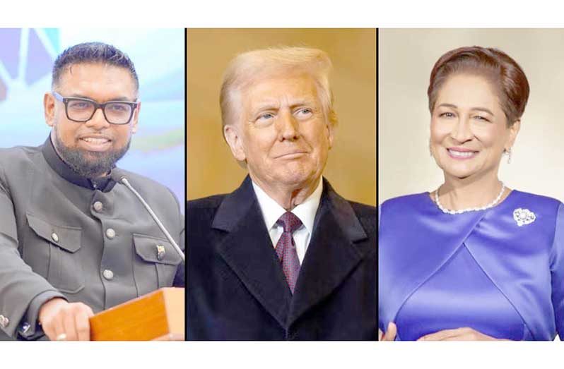 From left: Guyana's President Irfaan Ali, US President Donald Trump, and Trinidad and Tobago's Prime Minister Kamla Persad Bissessar