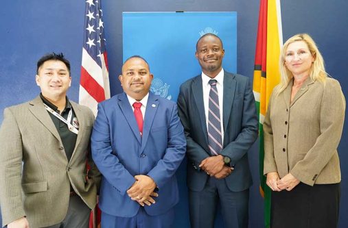 U.S. Ambassador to Guyana, Ms. Nicole Theriot (at right), recently met with Detective Superintendent, Prem Narine and Assistant Superintendent, Rodwell Sarrabo of the Guyana Police Force (U.S. Embassy Guyana photo)