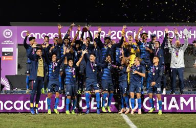 Team USA celebrating their 2-0 win over Mexico in the CONCACAF U20 Championship final