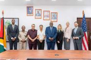 Prime Minister, Brigadier (Ret’d) Mark Phillips, performing the functions of President, United States Ambassador to Guyana Nicole Theriot, a delegation of senior US law enforcement officials and local officials at the Office of the Prime Minister.