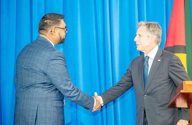 President, Dr. Irfaan Ali and United States Secretary of State, Antony Blinken shake hands after a joint press conference at State House on Thursday (Delano Williams photo)