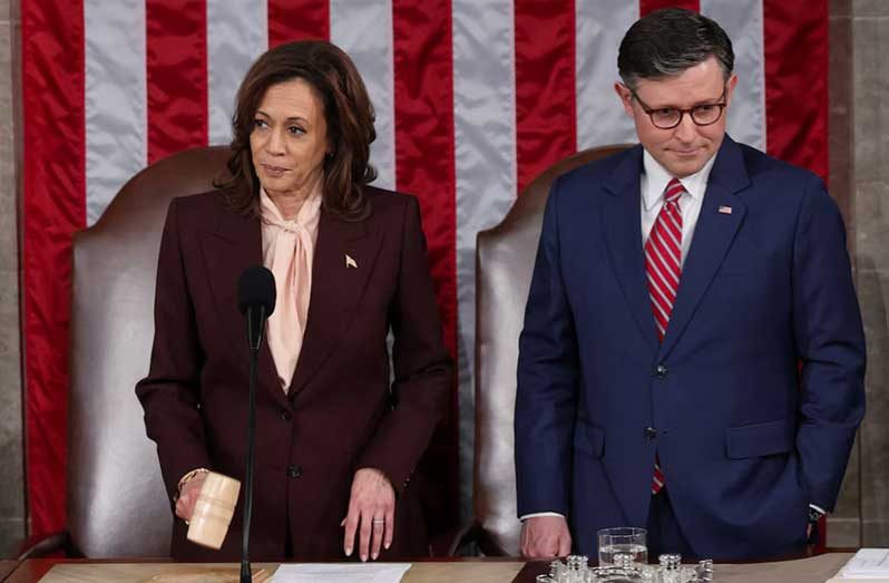 US Vice President Kamala Harris and Speaker of the House Mike Johnson (R-LA) attend a joint session of Congress to certify Donald Trump's election, at the U.S. Capitol in Washington, US January 6, 2025 (REUTERS/Evelyn Hockstein)