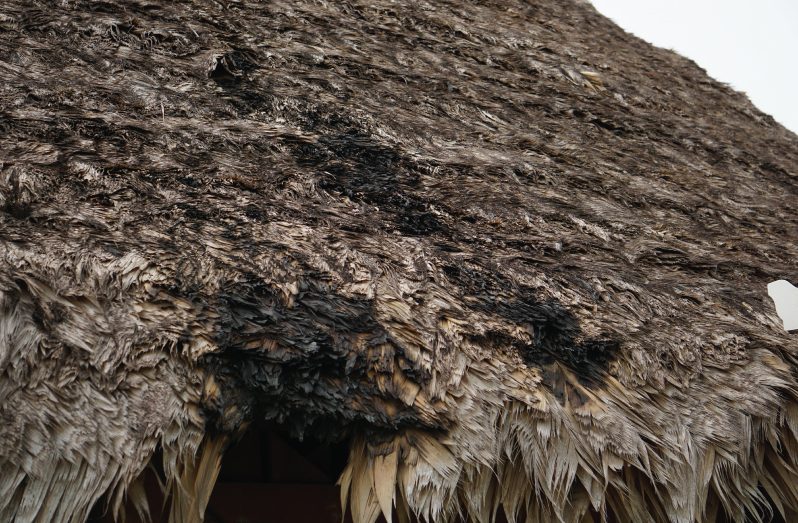 A section of the Umana Yana’s roof that was scorched during the attempted arson on Sunday morning (Elvin Croker photo)