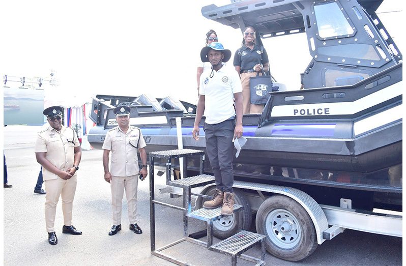 Deputy Commissioner of Police (Administration), Ravindradat Budhram (second from left) led a team of senior officers to the Guyana National Stadium, Providence, where they visited the GPF Marine Unit display at the World Maritime Day exhibition