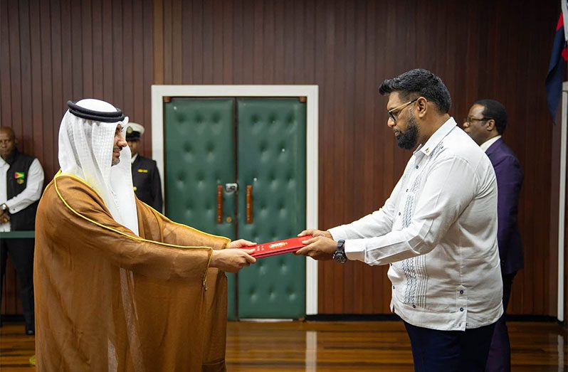 President Dr Mohamed Irfaan Ali, on Wednesday, accepted the Letters of Credence from Ambassador Muhannad Sulaiman Abdalla Ahmed Al Naqbi
