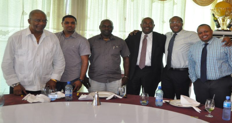 Team Unity presidential candidate Nigel Hughes (3rd right) flanked by from right, Troy Cadogan, Mark Waldron, Aubrey ‘Shanghai’ Major, Javed Ali and Odinga Lumumba.