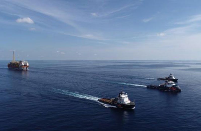 The Liza Unity being led into Guyana’s waters (DPI photo)