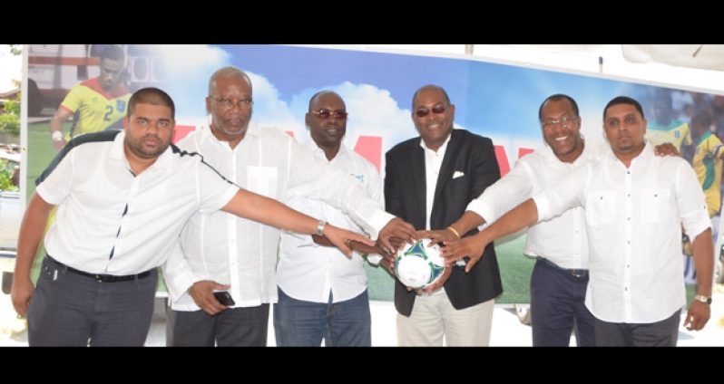 TEAM UNITY! GFF Presidential candidate Nigel Hughes (third from right), flanked by his running mates at yesterday’s launch in Albouystown (Delano Williams photo)