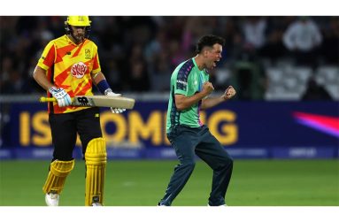 Nathan Sowter roars in celebration after dismissing Joe Root  •  Matt Lewis/ECB via Getty Images