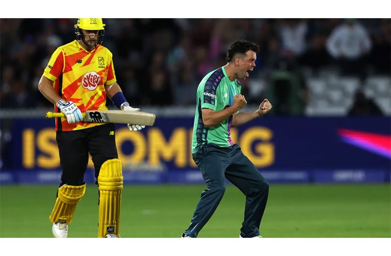 Nathan Sowter roars in celebration after dismissing Joe Root  •  Matt Lewis/ECB via Getty Images