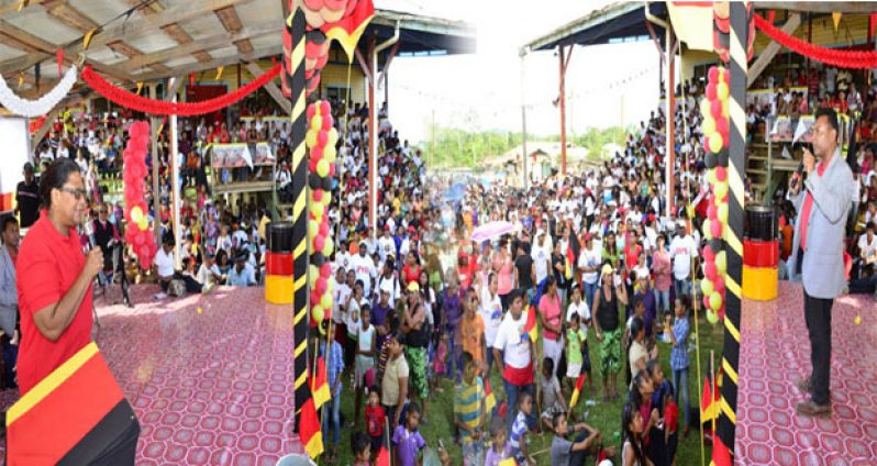 PPP/C’s Mrs. Elisabeth Harper and Dr. Peter Ramsaroop addressing the Party’s rally at Port Kaituma
