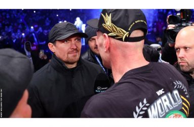 Oleksandr Usyk (left) and Tyson Fury squared up to each other after Fury's win over Derek Chisora at Tottenham Hotspur Stadium
