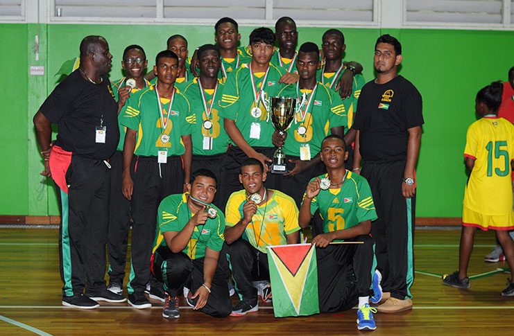 Guyana’s male volleyball team at the closing ceremony on Sunday. (Delano Williams photos)