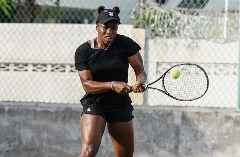 Sachia Vickery training at the GBTI Tennis Courts during a visit to Guyana recently. (Samuel Maughn photo)
