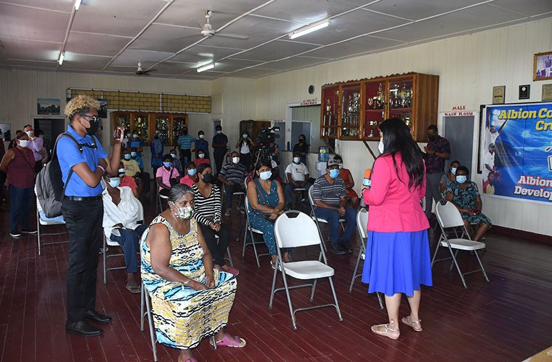 Human Services and Social Security Minister, Dr. Vindhya Persaud, addressing a gathering of Region Six residents (Adrian Narine photo)