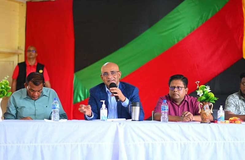 Vice President Dr. Bharrat Jagdeo (centre), on his recent outreach to Region Two, was accompanied by  Dr. Ashni Singh, Senior Minister in the Office of the President with responsibility for Finance and other officials