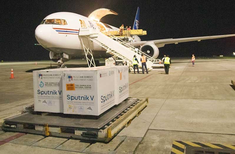 The latest consignment of the Sputnik V second doses arrived at the Cheddi Jagan International Airport on Monday evening (Ministry of Health photo)