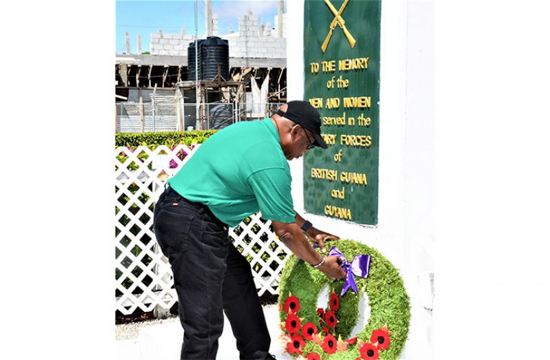 President of the Guyana Veterans Legion Lieutenant-Colonel (ret’d.) George Gomes lays a wreath.