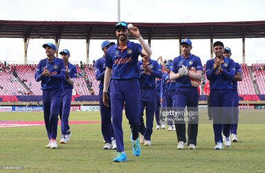 Vicky Ostwal of India leads their side off after taking five wickets following the ICC U19 Men's Cricket World Cup match between India and South Africa at Guyana National Stadium yesterday, in Guyana. (Photo by Ashley Allen-ICC/ICC via Getty Images)