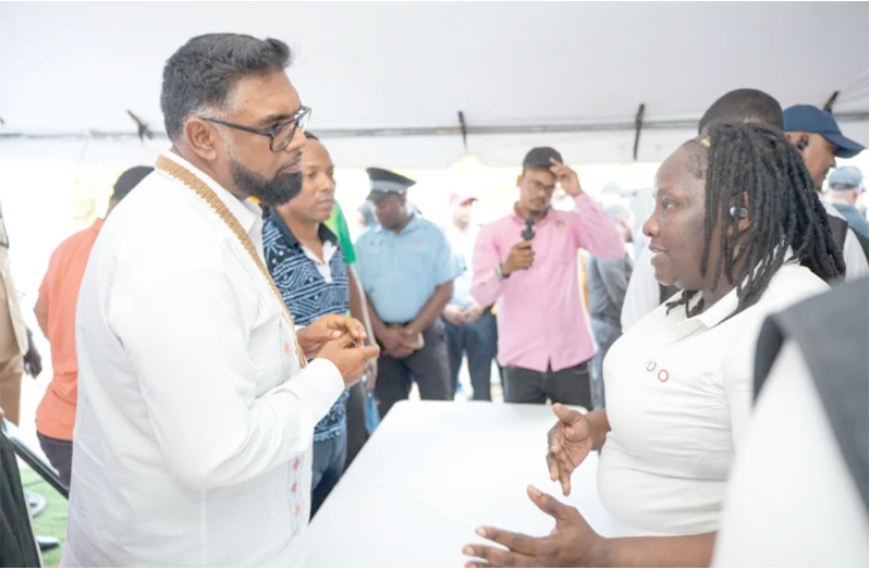 The Head of State interacts with a resident of Victory Valley