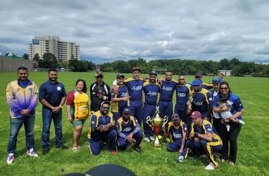 The victorious Berbice Vipers players pose with their winnings along with OSCL executives.