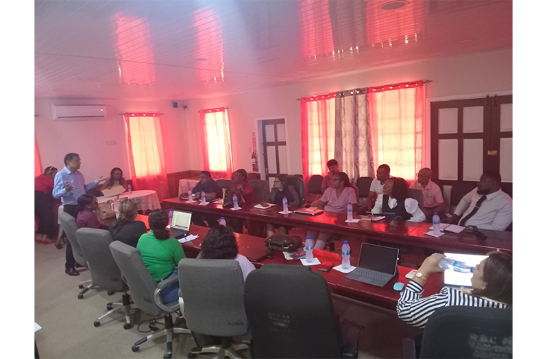 Director General of the Ministry of Health Dr Vishwa Mahadeo speaking to Region Five health professionals on Saturday