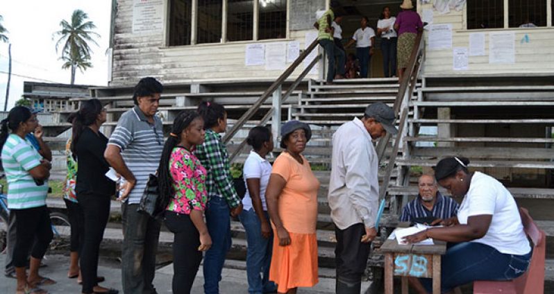 Voters line up to cast their ballots at a polling station at the last general election