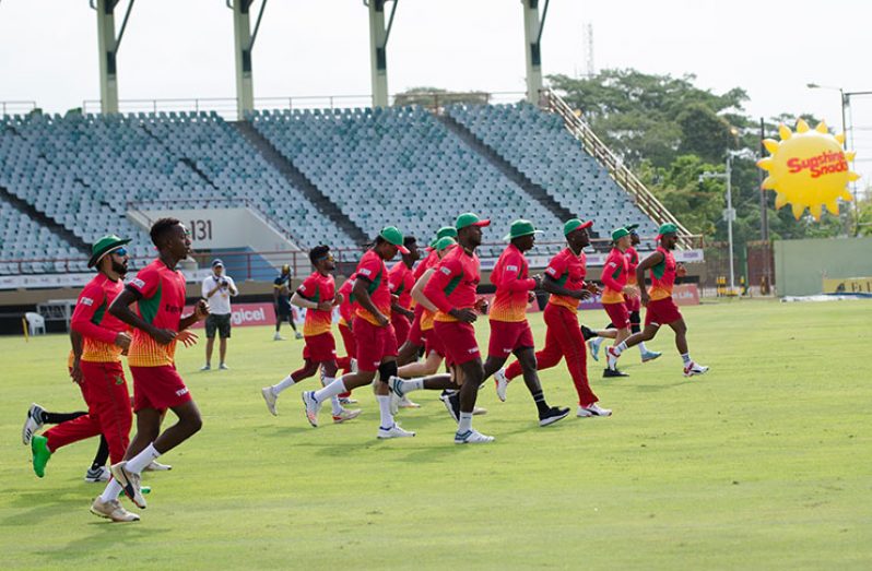 Some of Guyana Amazon Warriors players go through their paces during their final practice session before tonight’s game against the St Lucia Zouks. (Delano Williams photo)