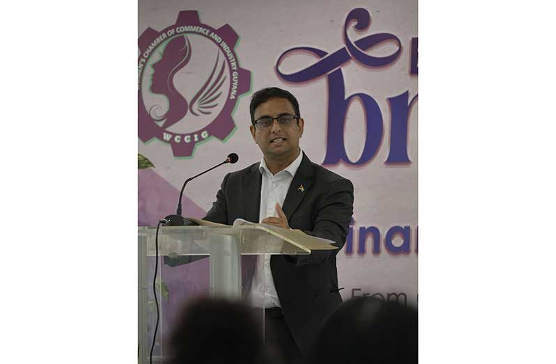 Minister Zulfikar Ally addresses entrepreneurs at the WCCI Business Brunch and Finance Seminar on the importance of partnerships and collaboration for business growth (Sachin Persaud photos)