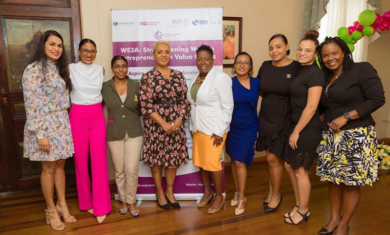 The leadership board of the Women’s Chamber of Commerce and Industry Guyana at the launch of the We3A Strengthening Women Entrepreneurs in Value Chains initiative (Photo Credit: Koaito Grant)