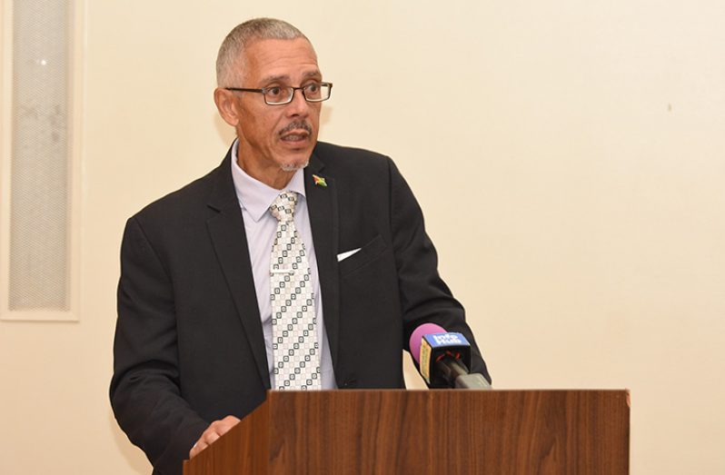 Minister of Business Dominic Gaskin speaks at the website launching on Friday.
