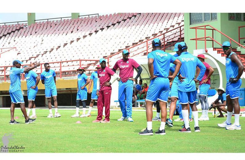 West Indies team training at the Guyana National Stadium yesterday