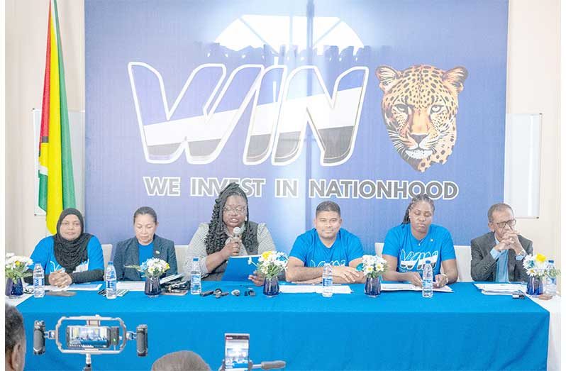 The U.S.-sanctioned businessman, Azruddin Mohamed with former A Partnership for National Unity +Alliance for Change (APNU+AFC) parliamentarians, Natasha Singh-Lewis, Dawn Hastings-Williams and Tabitha Sarabo-Halley, the party’s General Secretary Odessa Primus and former Guyana Sugar Corporation (GuySuCo) Agriculture Director, Vishnu Panday at the WIN manifesto launch last Thursday