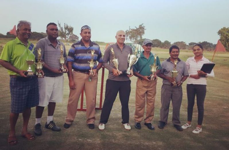 Winners: L-R: Hilbert Shields, Mahendra Bhagwandin, Munaf Arjune, ‘Pur’ Persaud, Bholawram Deo, Mike Mangal and Dr Joaan Deo.
