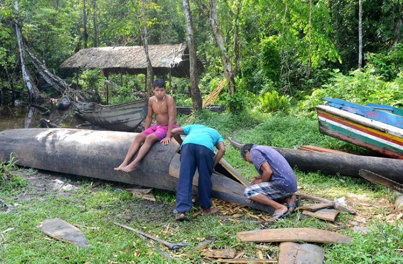 Villagers hard at work repairing a canoe at Gaja Landing, just outside White Water village