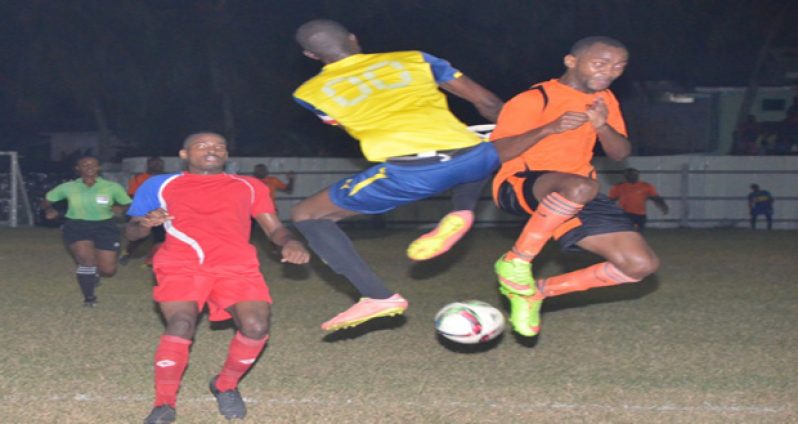 Julian Wade goes airborne in one of his attempts on goal but was denied by Monedderlust’s goalkeeper(Delano Williams photos)