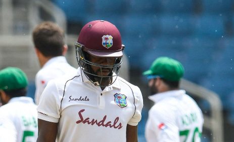Batsman Kyle Mayers walks off after falling for 32 on Tuesday’s final day of the second Test at Sabina Park.