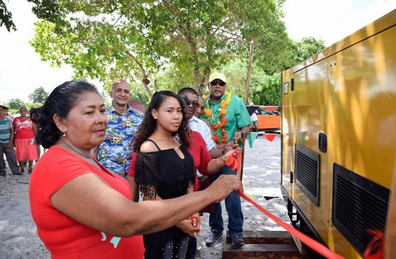 Residents cut the ribbon as the generating set was officially handed over to the village. Minister of Natural Resources, Raphael Trotman (right) and MP, Michael Carrington (second left) look on.