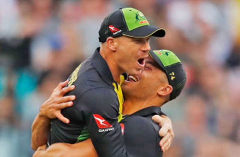 David Warner celebrates his run-out of Dawid Malan. (Getty Images)