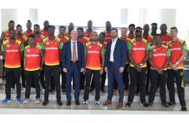 Guyana Amazon Warriors players along with the top brass of ExxonMobil Guyana at the Marriott on Tuesday