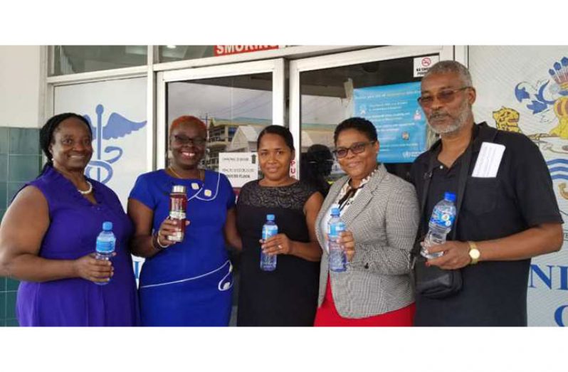 Advocating the health benefits of drinking water are, from left, Chairperson of the National Non-Communicable Diseases Commission, Dr. Holly Alexander; Commissioner Shawana Blaize; Secretary, Lanceann Bishop; and Commissioners Rhonda Godfrey and Dr. Ronald Aaron