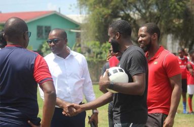 GFF President Wayne Forde (left), footballer Jeremy Garrett and national table tennis player Shemar Britton at one of the sessions 