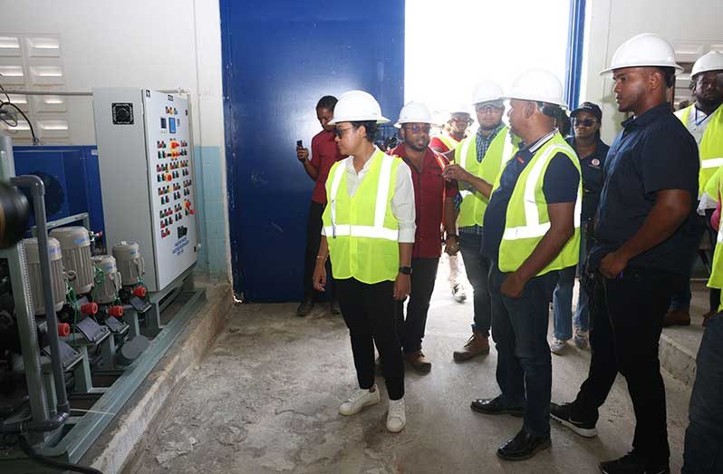 Minister Susan Rodrigues, MP Faizal Jaffarally, and GWI Manager, Heralall Darsan visited the Cotton Tree water treatment plant to assess upgrades