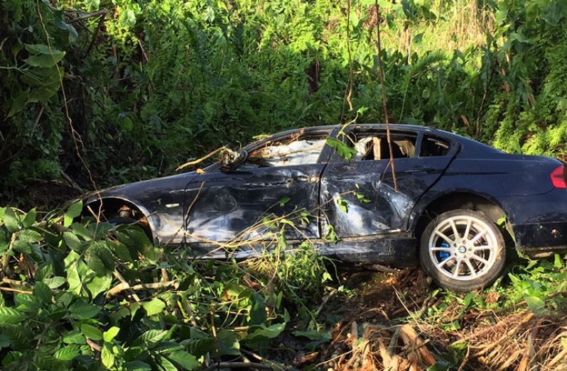 The crashed BMW in a clump of bushes