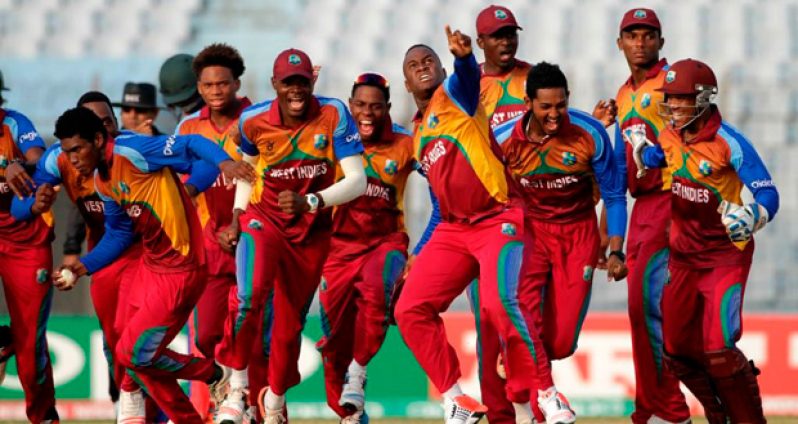 West Indies U19 players celebrate their victory over Zimbabwe. (ICC photo)